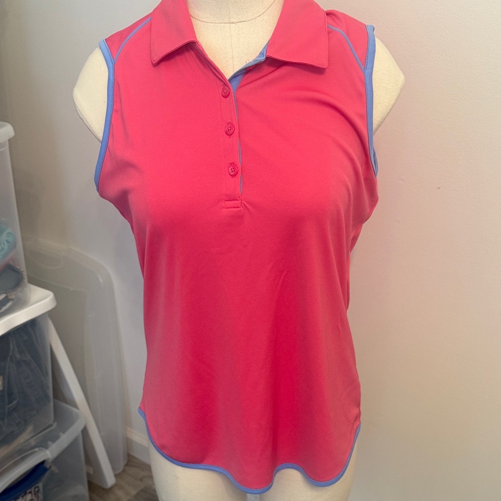 Gymshark Golf Pink Sleeveless Polo Top with Blue Trim Size Medium